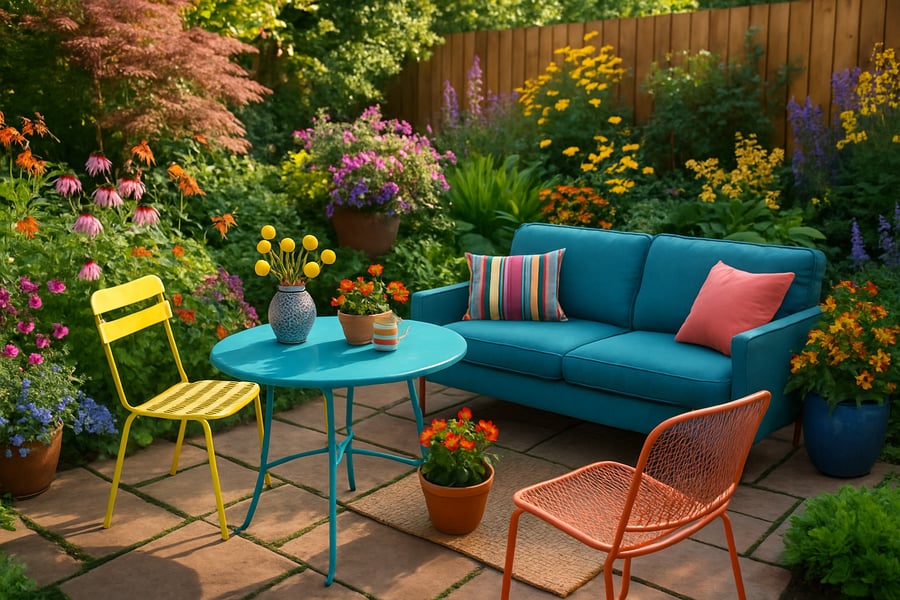 A vibrant backyard with garden furniture and plants, representing outdoor inspiration A vibrant backyard with garden furniture and plants, representing outdoor inspiration