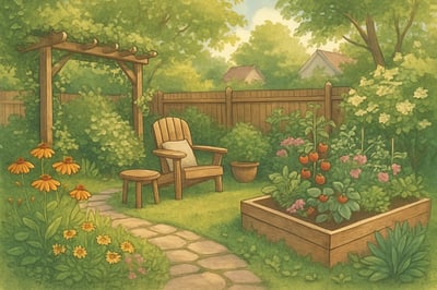 Illustration of a peaceful backyard with a garden, perfect for blog inspiration Illustration of a peaceful backyard with a garden, perfect for blog inspiration